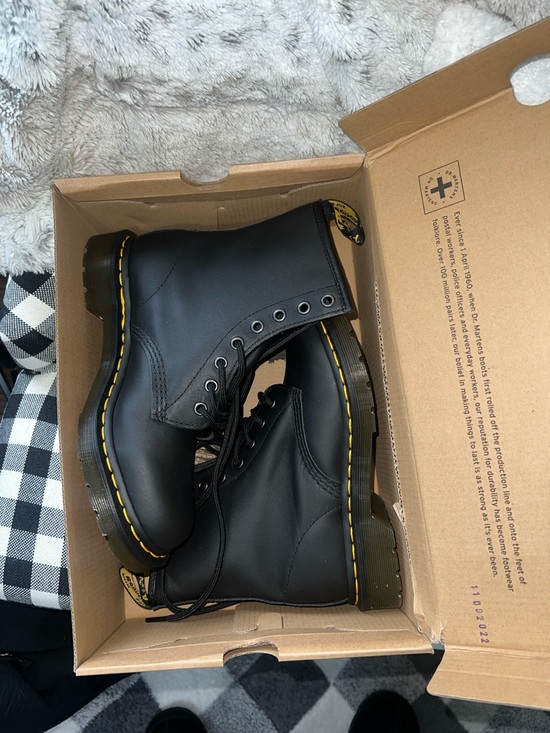 Dr. Martens Shoes - Dr. Martens Black Leather Lace-Up Boots with Yellow Stitching
